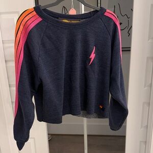 Aviator Nation Dark Blue Crewneck with Pink Bolt